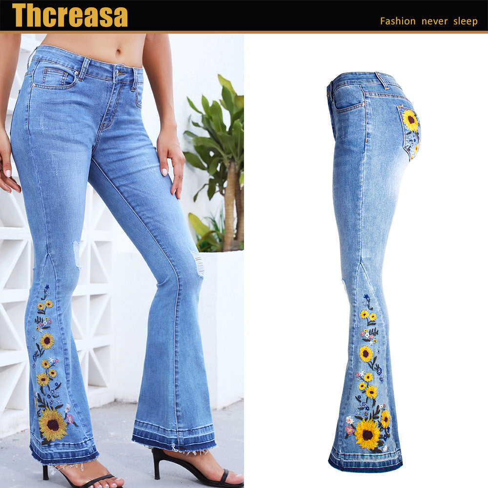 Women's Fashion Flared Three-dimensional Embroidered Trousers Jeans