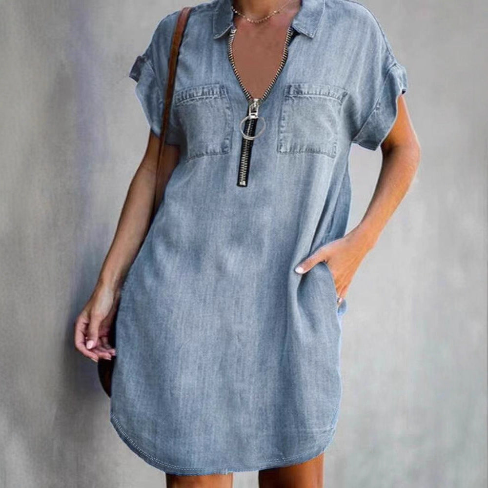 Charming Lapel Sleeve Loose Denim Shirt Dress