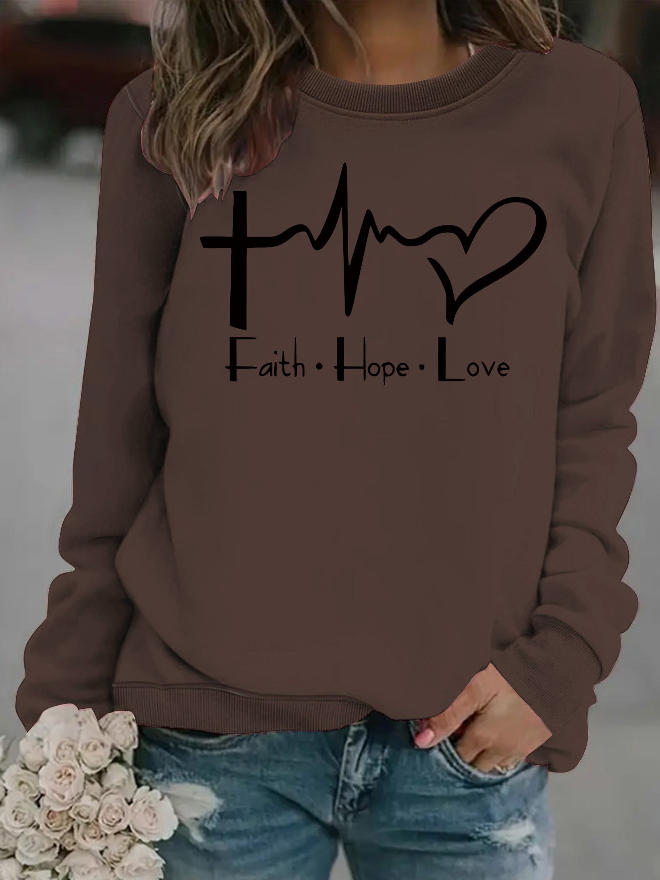 Women's Loose Casual Faith Hope Love Jump Printed Wear Round Neck Women's Sweater, Sweater