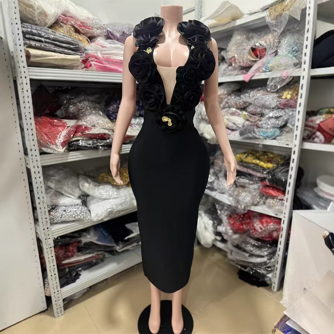 Elegant Bottoming Dress Backless Red Flower Long Dresses