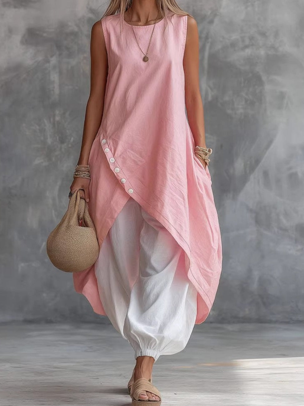 Solid Color Sleeveless Loose Pocket Midi Fashion Casual Suit