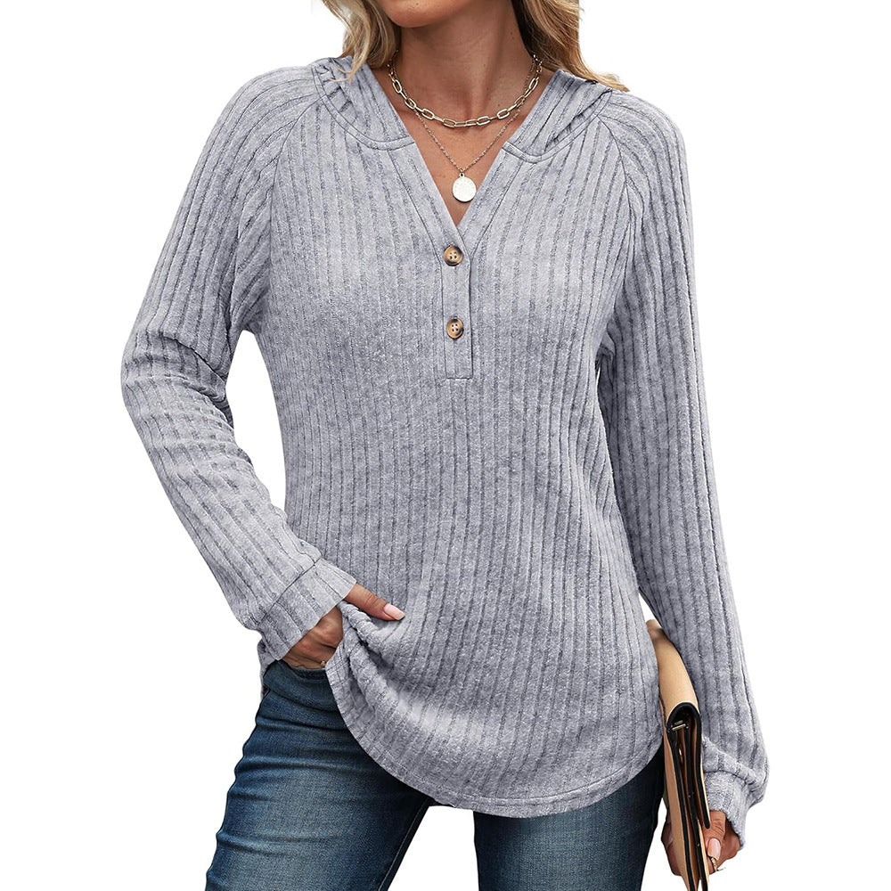 Solid Color Button Loose Hooded Fleece Women's Sweater