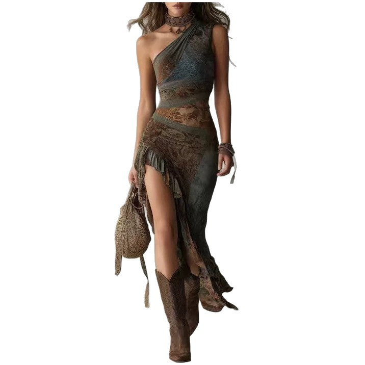 Retro Patchwork Printed Irregular Long Slim Dress