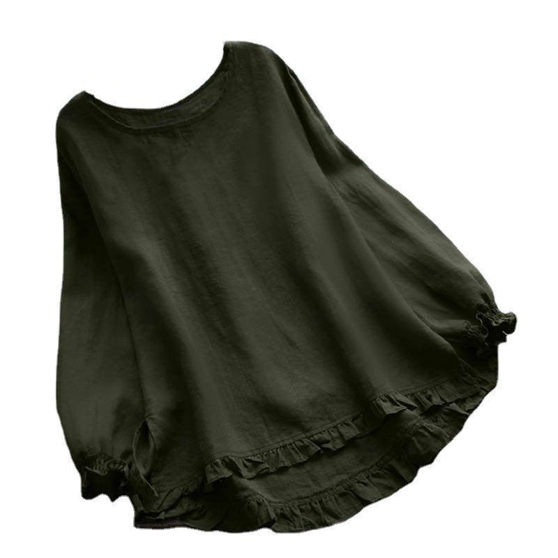 Women's Solid Color Loose Lotus Leaf Bottom Cuff Round Neck Blouses