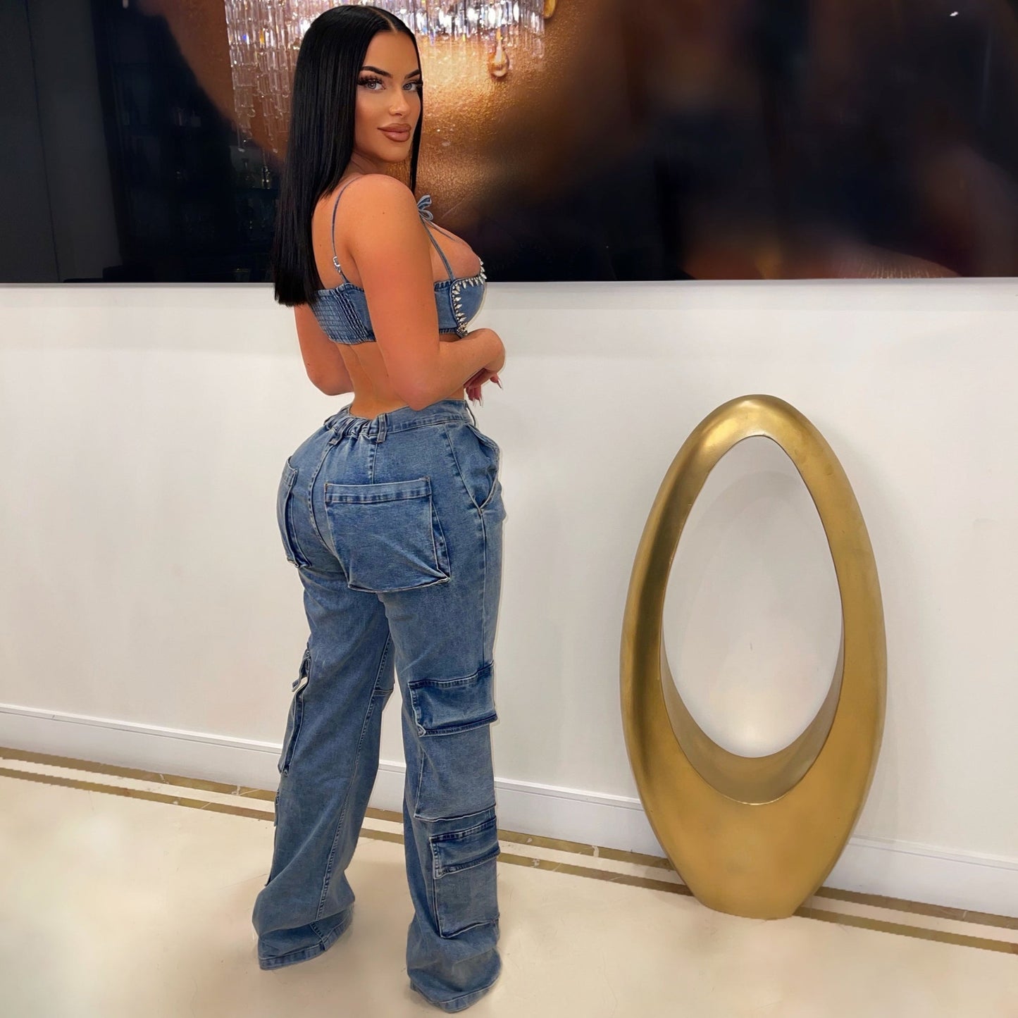 Bellows Pocket Bag Zipper Casual Elastic Jeans