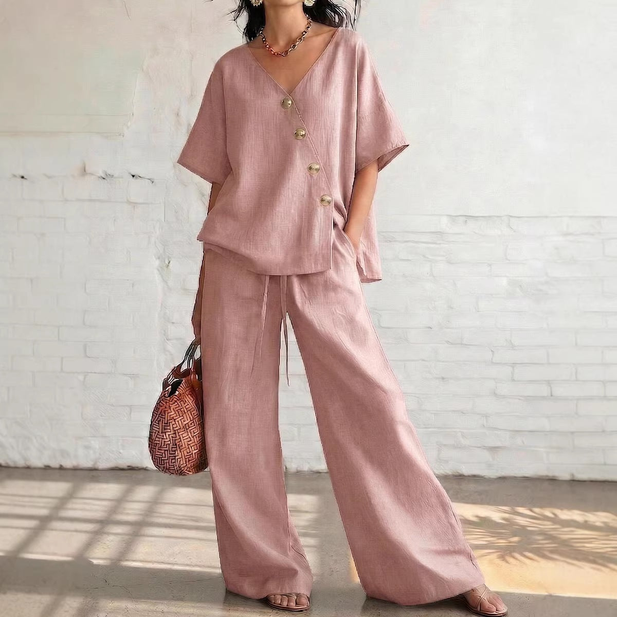 Women's Solid Color Loose Short-sleeved Drawstring Trousers Suits