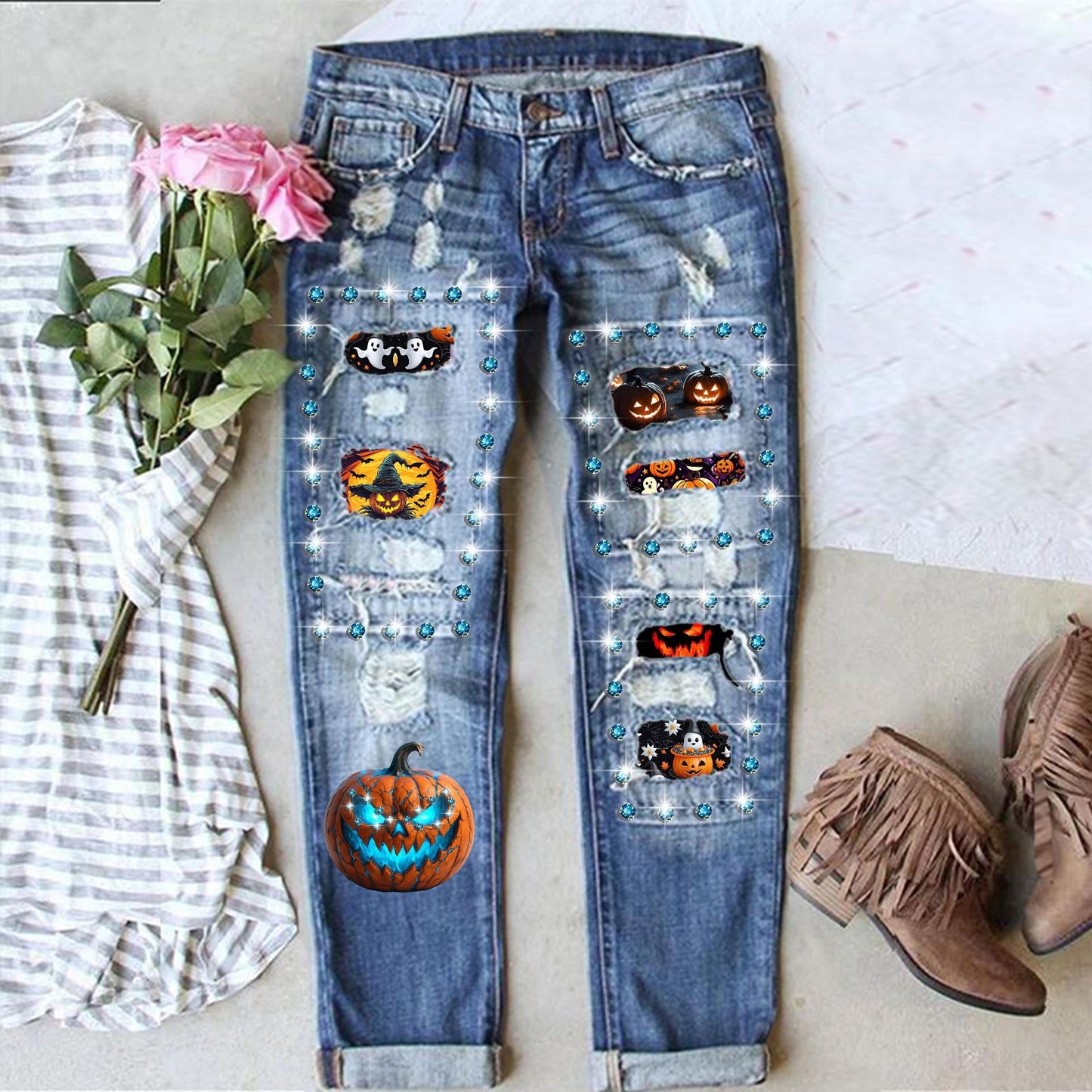 Women's Halloween Fashion Diamond Printing Hole Straight Jeans
