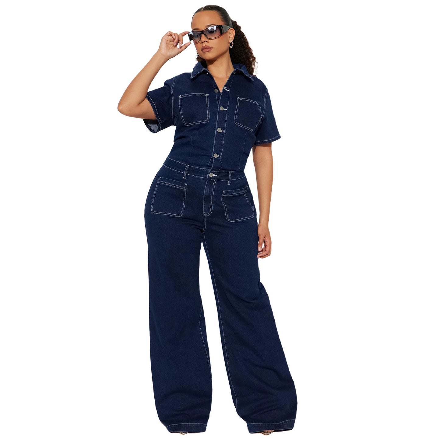 Loose Elastic Trumpet Wash Sleeve Denim Jumpsuits