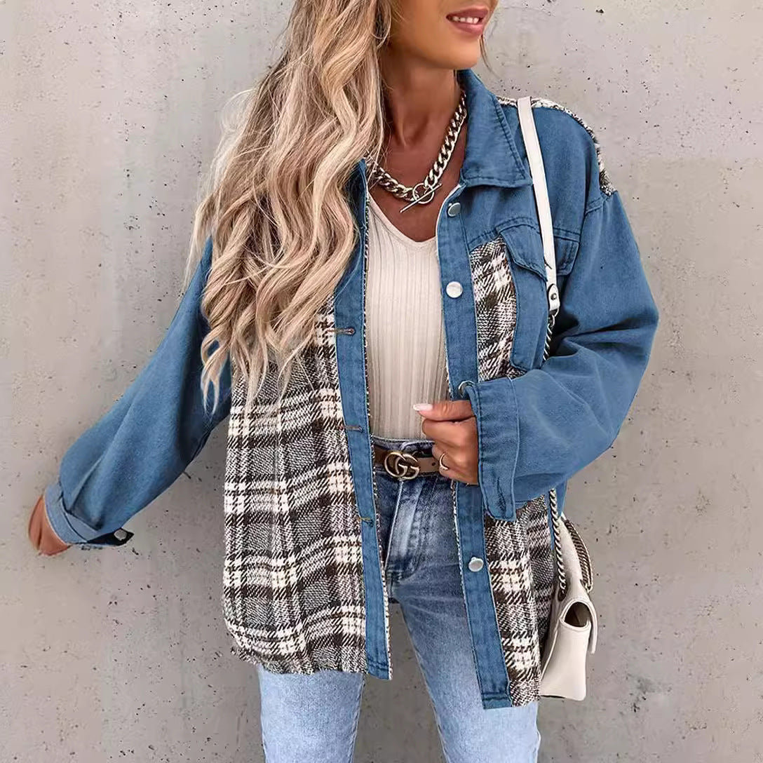 Denim Long Sleeve Plaid Button-down Shirt Jackets