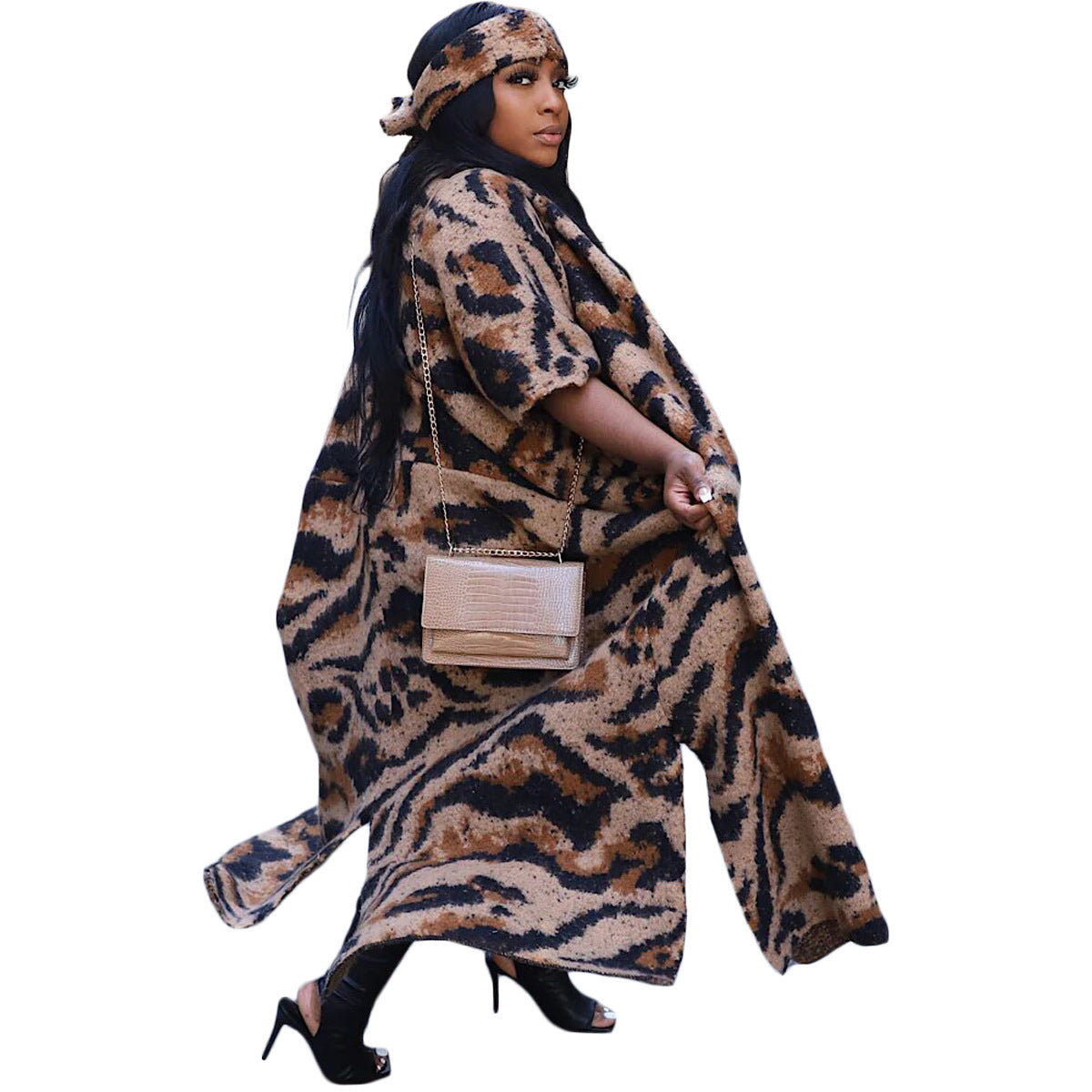 Women's Casual Knitted Leopard With Headscarf Sweaters