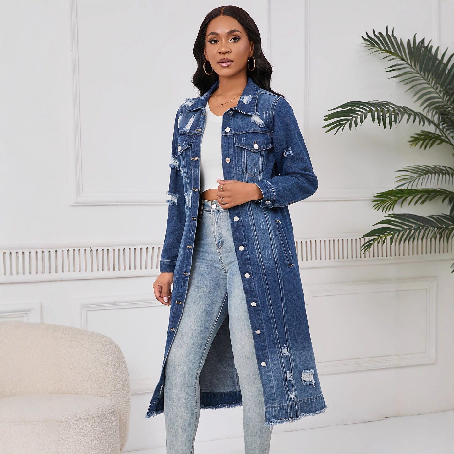 Women's Ripped Denim Real Pocket Long For Jackets