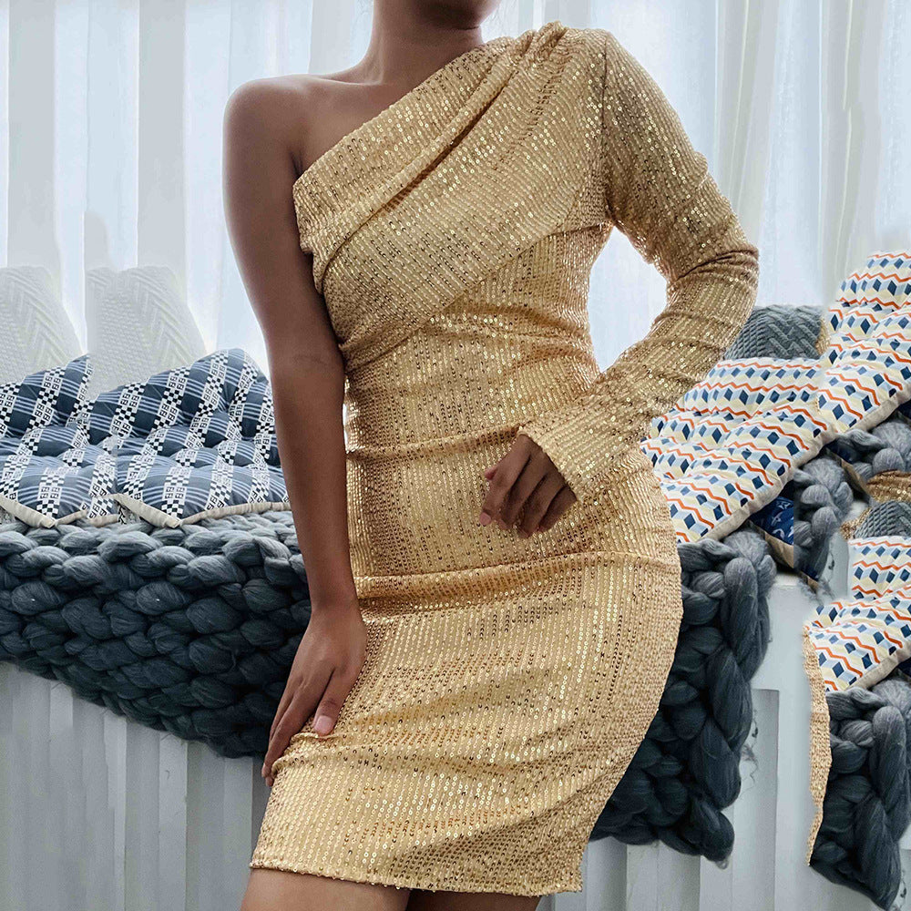 Women's Diagonal Collar Fashionable Sequins Nightclub Sexy Dress