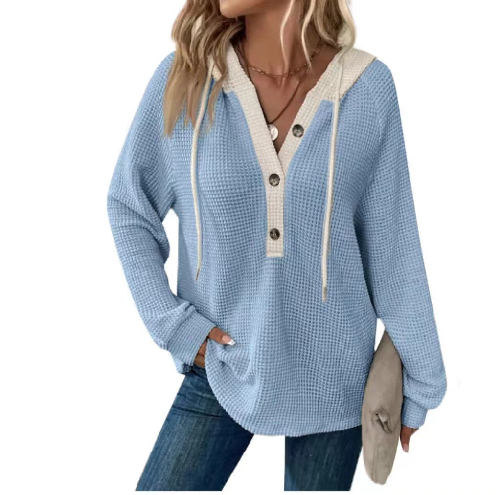 Women's Waffle Hooded Button Loose Long Sleeve Matching Women's Sweater, Sweater