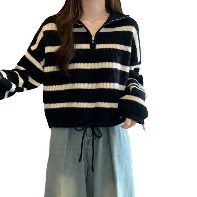 Women's Loose Half Zipper Lapel Striped Outer Wear Shorts