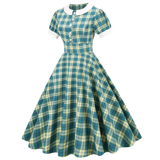 Plaid Contrast Color Peter Pan Collar Sleeve High Dresses