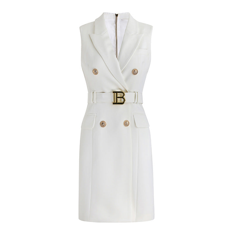 Waist Metal Buckle Elegant Slim Black Dresses