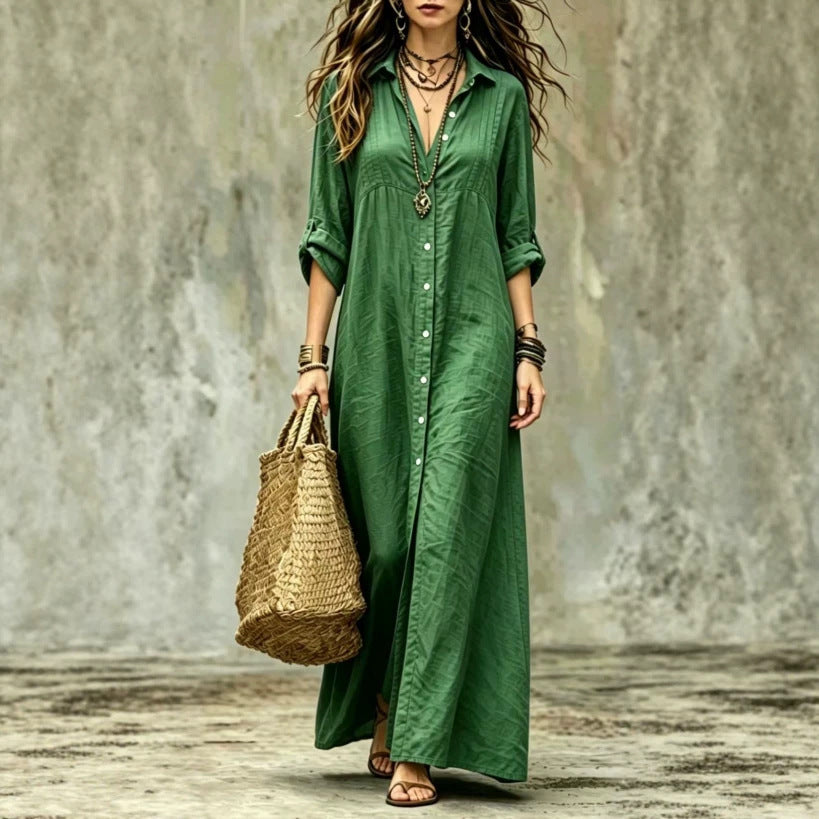 Comfortable Shirt Collar Floor Casual Simple Dress