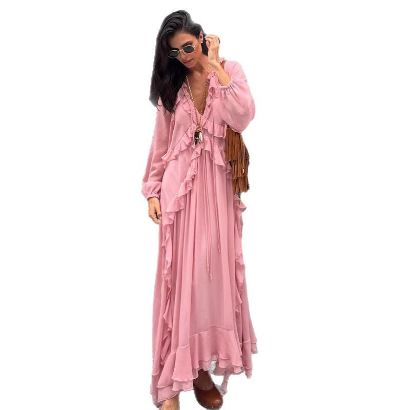 Women's Fresh Sweet Style Laminated Ruffled Long Dresses