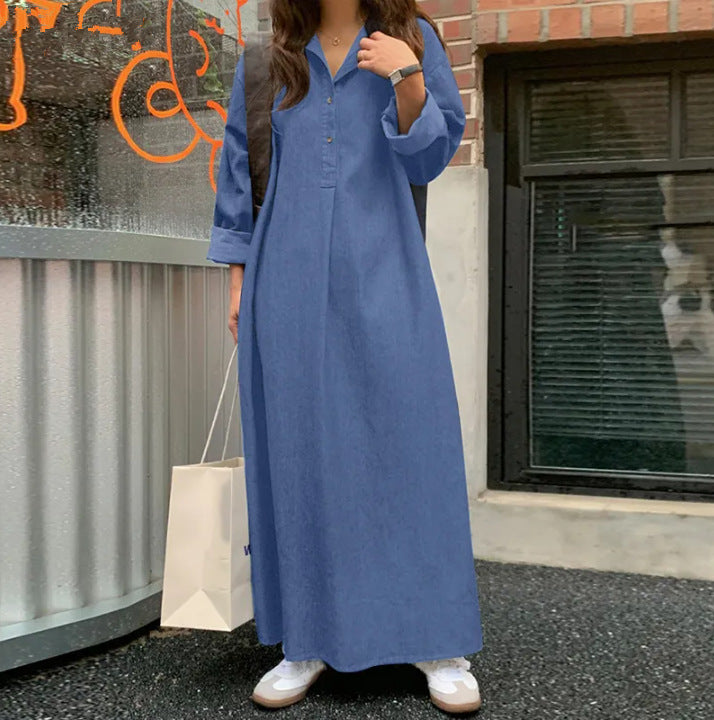 Denim Solid Color Temperament Commute Bohemian Dress
