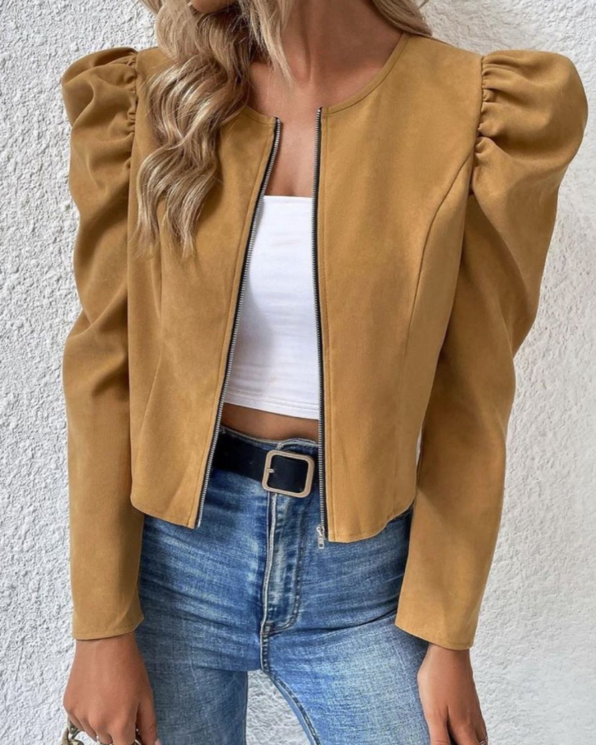 Women's Color Round Neck Zipper Bubble Long Jackets