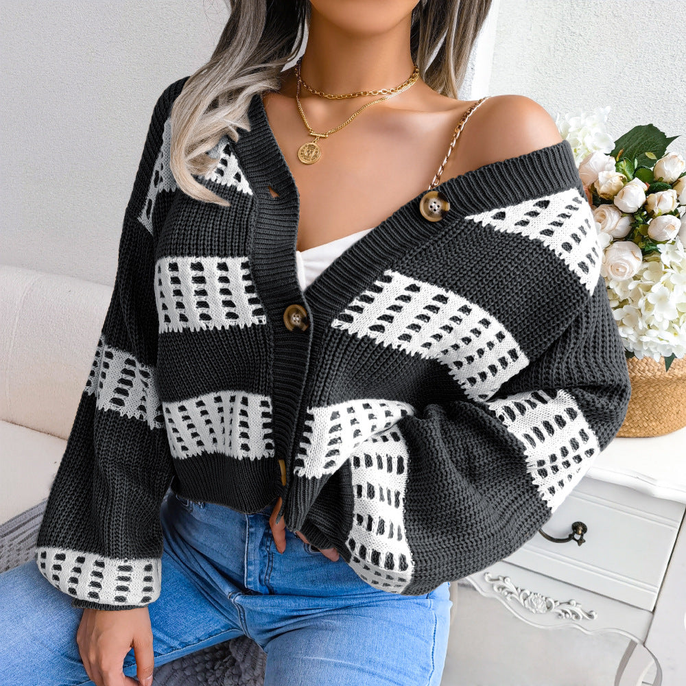 Women's Clearance Design Contrast Color Lantern Sleeve Clothing