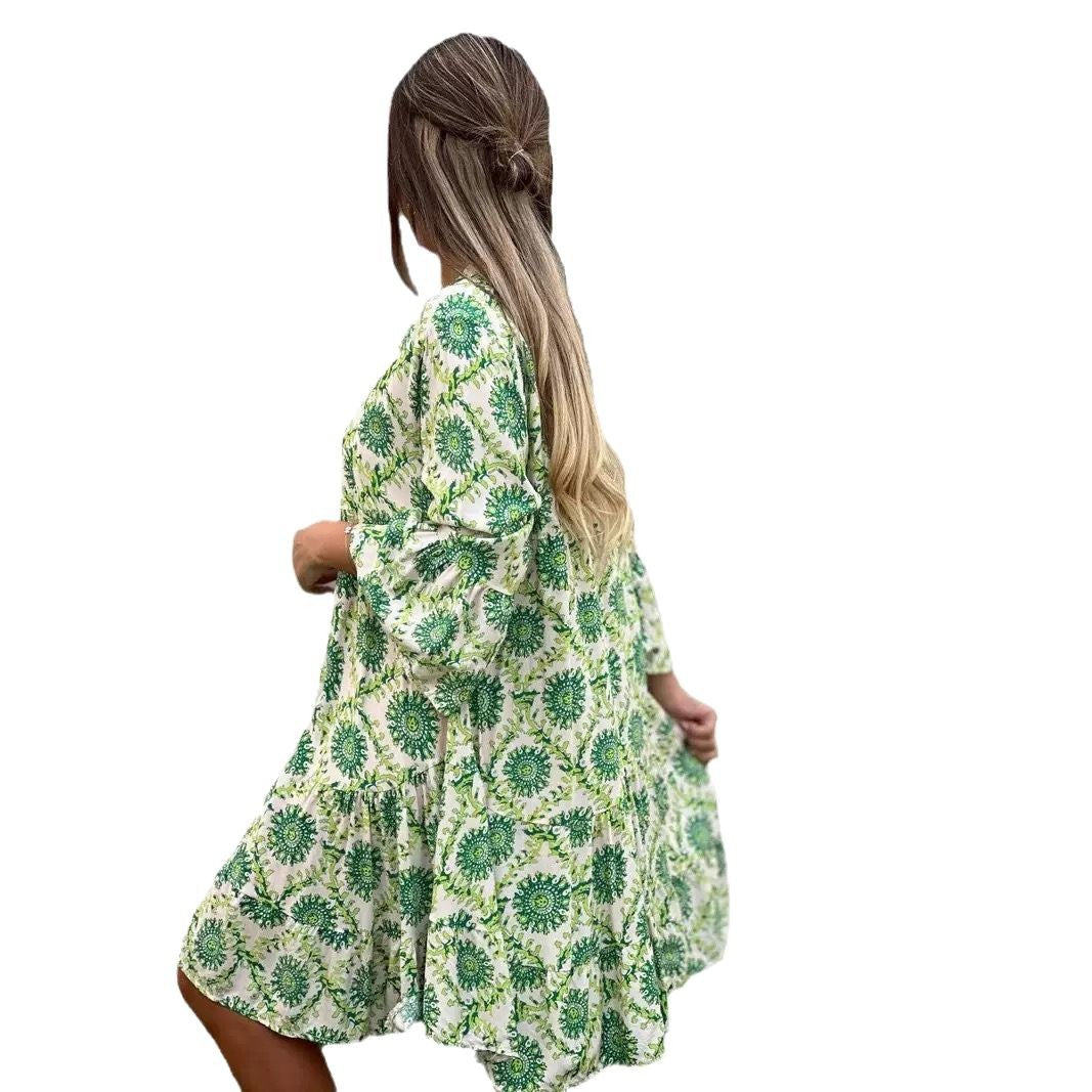 Women's Summer Collar Bell Sleeve Printed Shirt Dresses