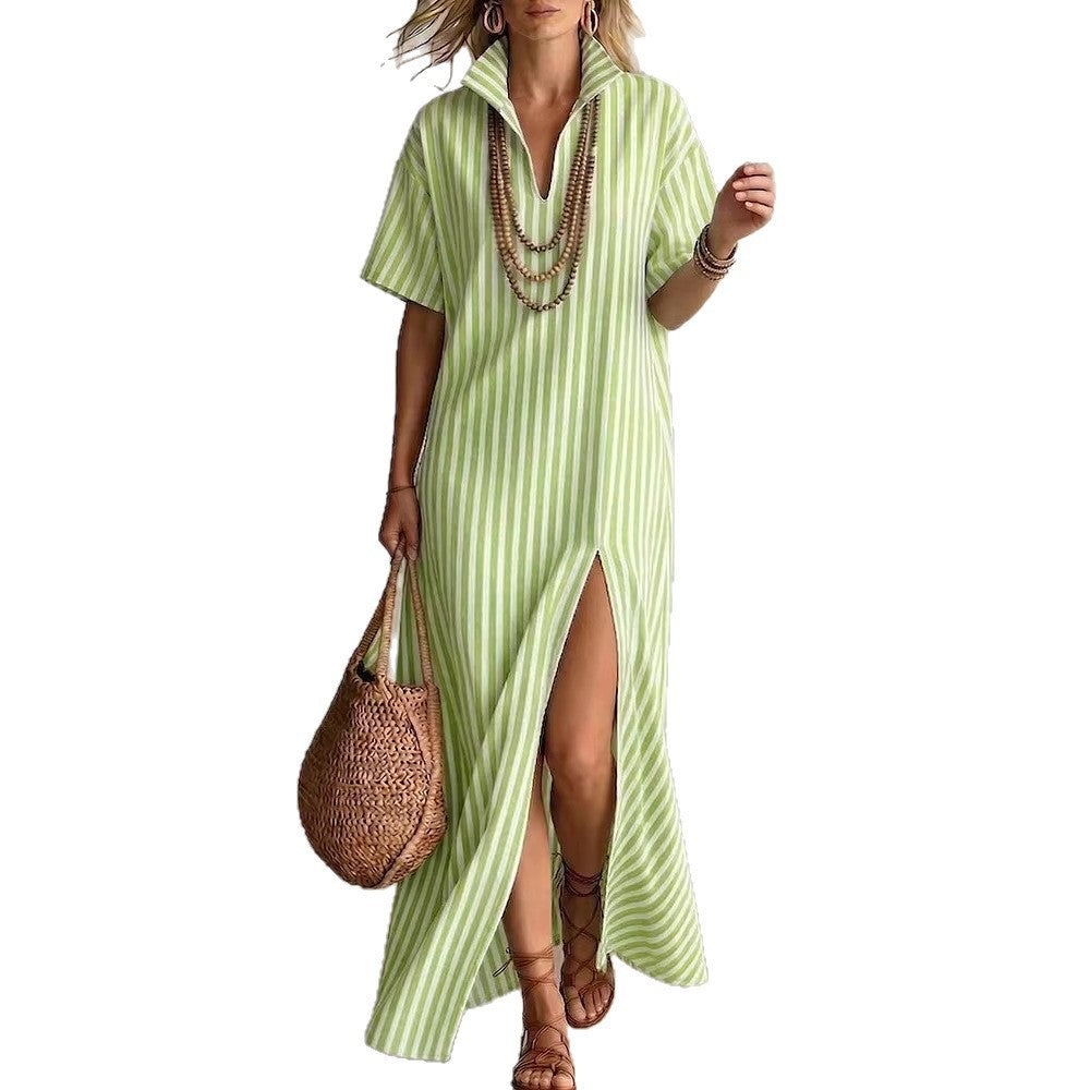 Women's Summer Sleeve Striped Slit For Dress