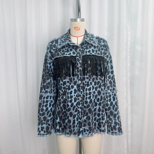 Women's Spring Washed Distressed Leopard Print Outer Jackets