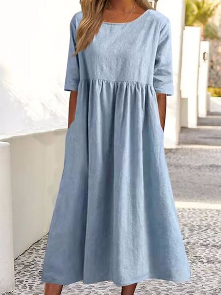 Casual Sleeve Pocket Pleated Loose Round Dress