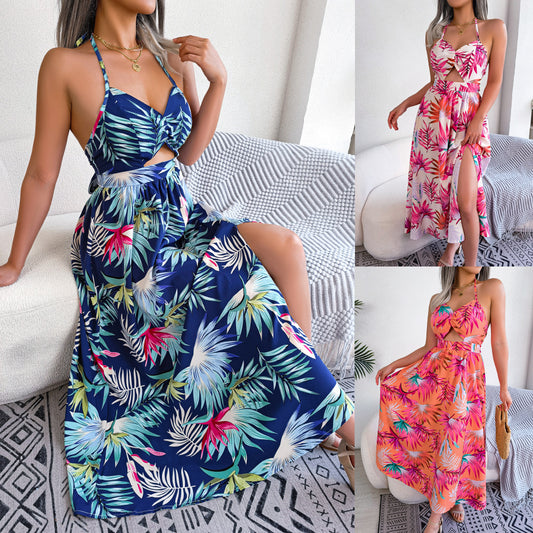 Women's Flower Sleeveless Cutout Sling Long Holiday Dress