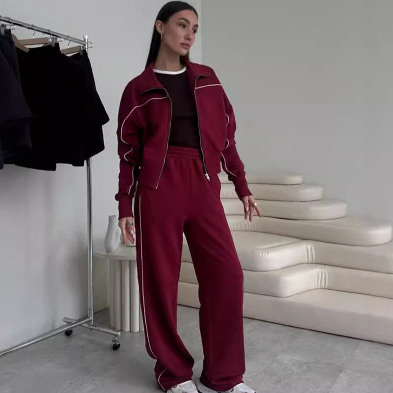 Women's Casual Long-sleeved Zipper Striped Trousers With An Suits