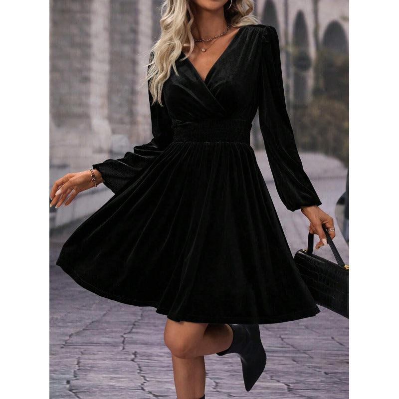 Versatile Veet Solid Color Long Sleeve Dress