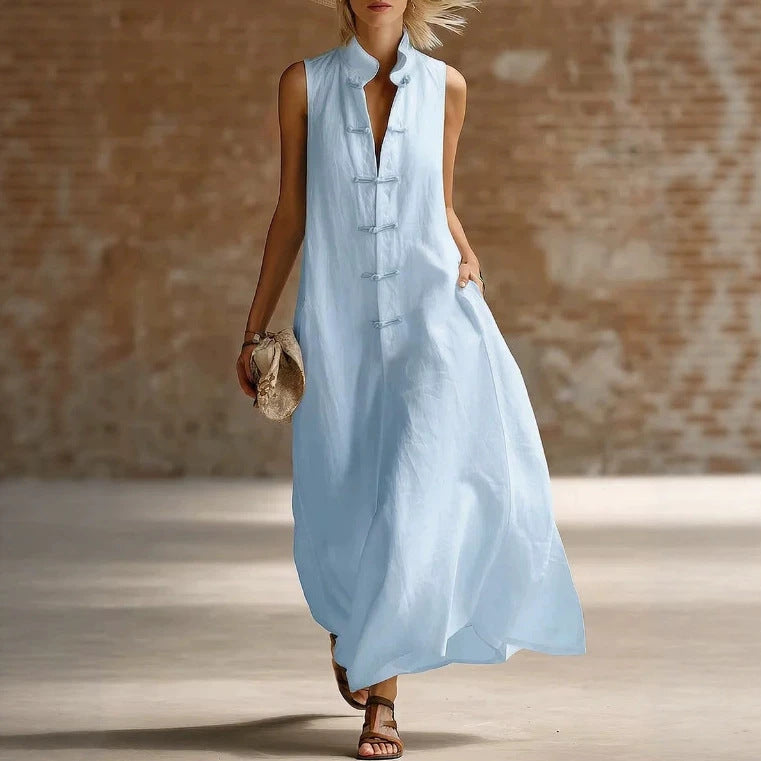 Women's Fashion Stand Collar Frog Buckle Loose Linen Cotton Dress