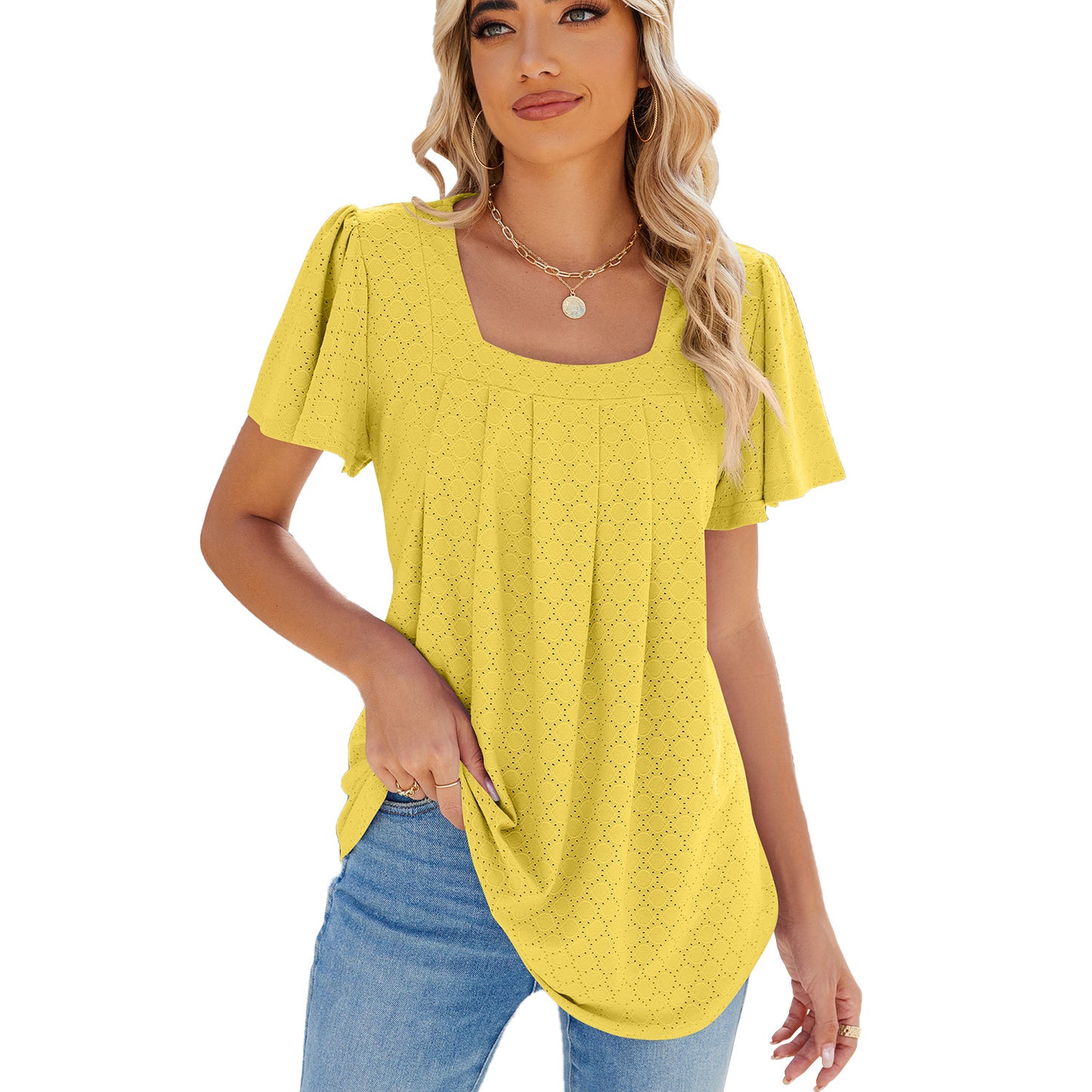 Women's Solid Color Square Collar Pleated Sleeves Blouses