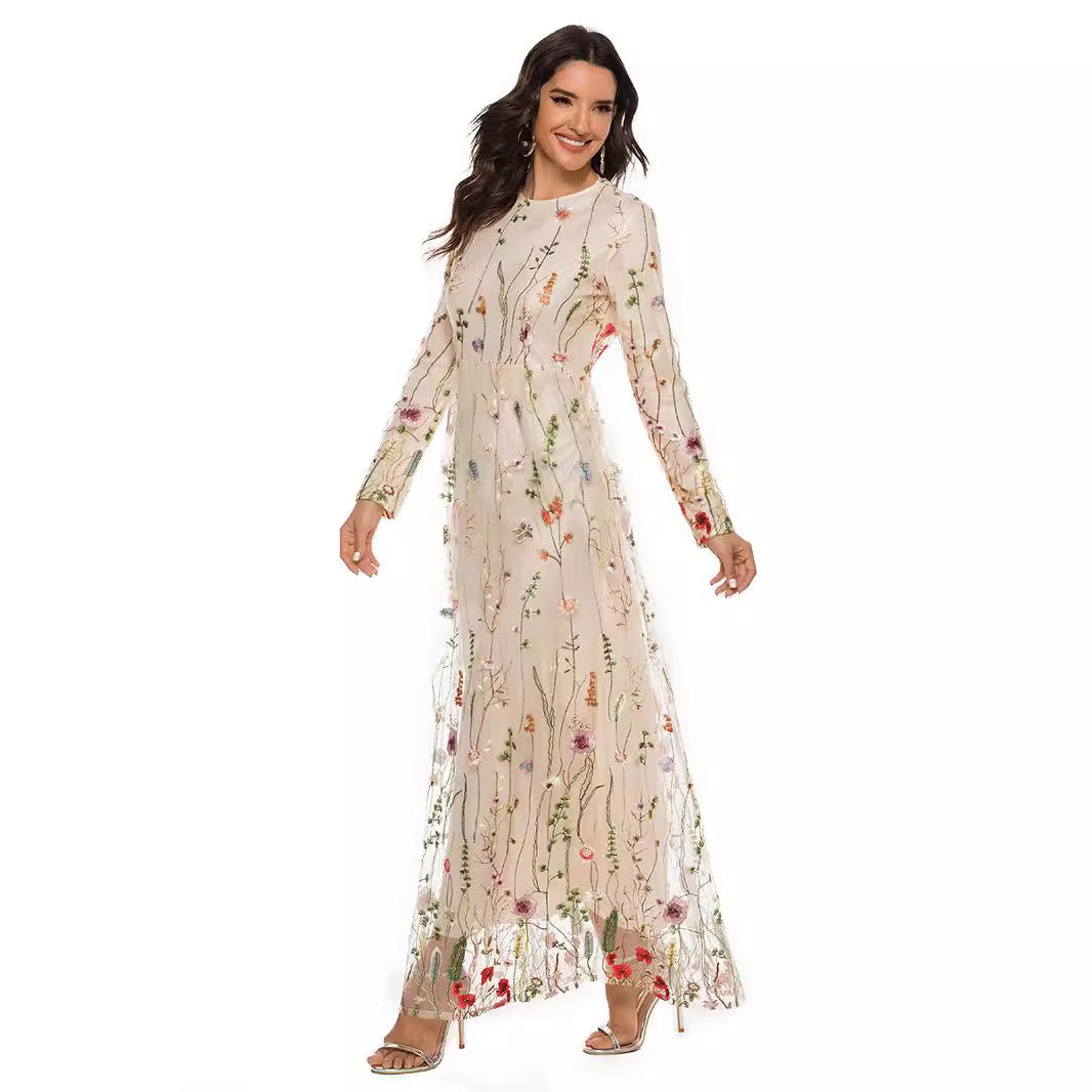 Fashion Embroidered Dress Sweet Flowers Lace Long Dresses
