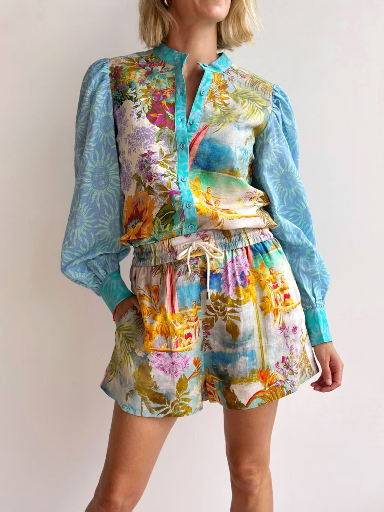 Durable Temperament Long Linen Sleeves Shirt Shorts