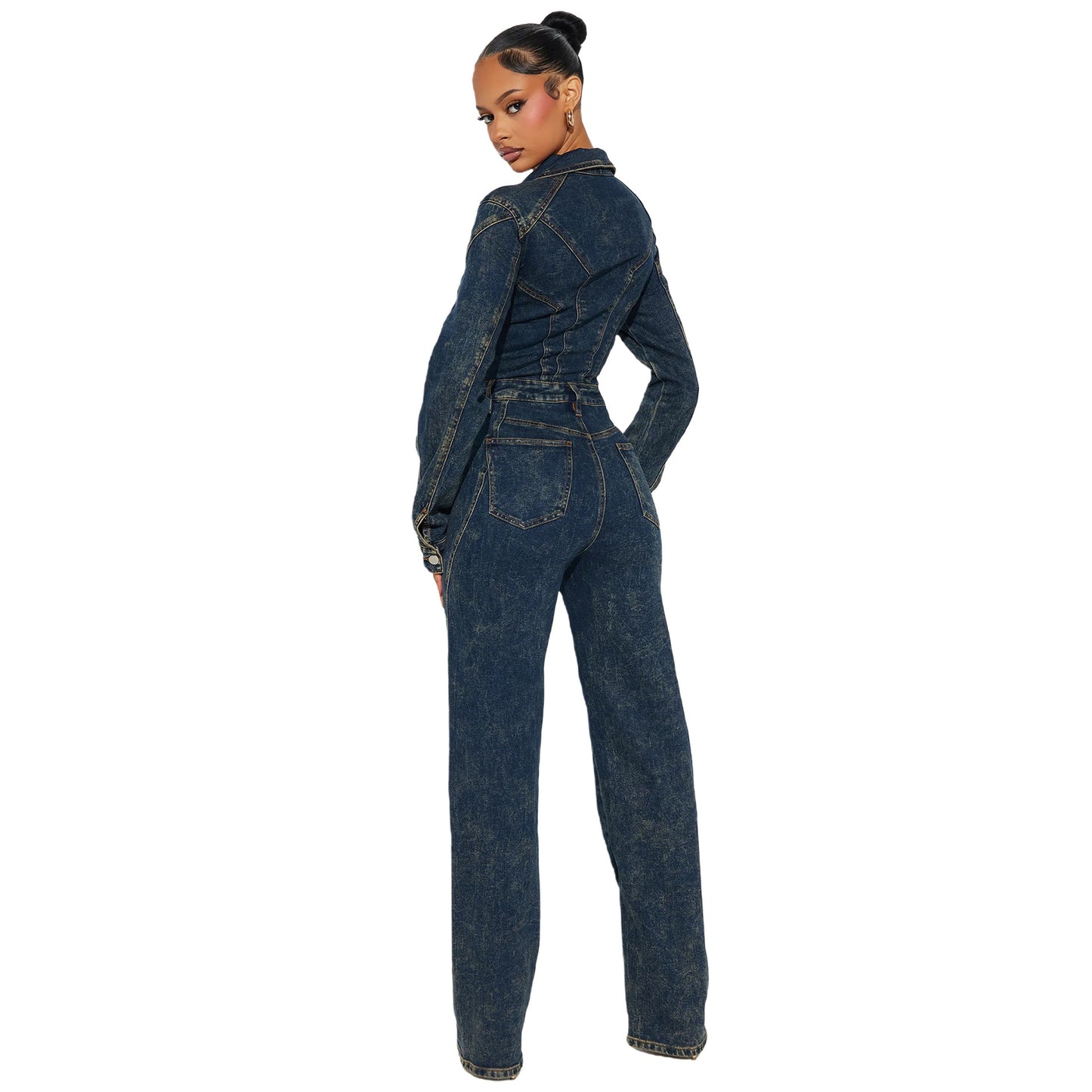 Elastic Fried Flower Washing Long Sleeve Jumpsuits