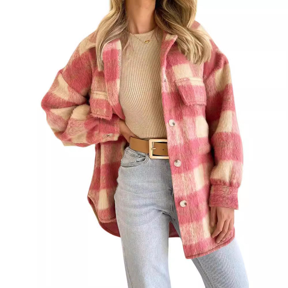 Women's Winter Fashion Plaid Large Pocket Coarse Coats