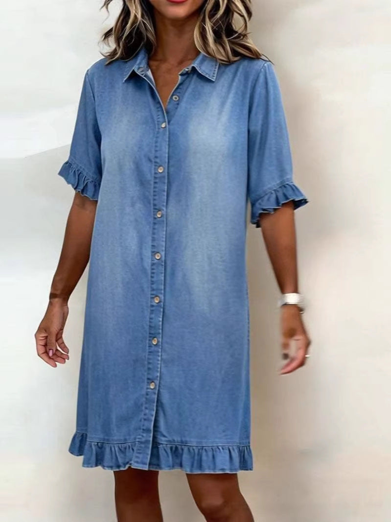 Women's Summer Loose Shirt Denim With Wooden Dress