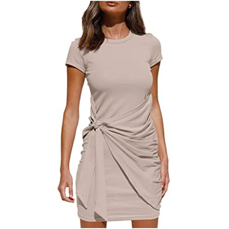 Sleeve Round Neck Pleated Bow Belt Dress