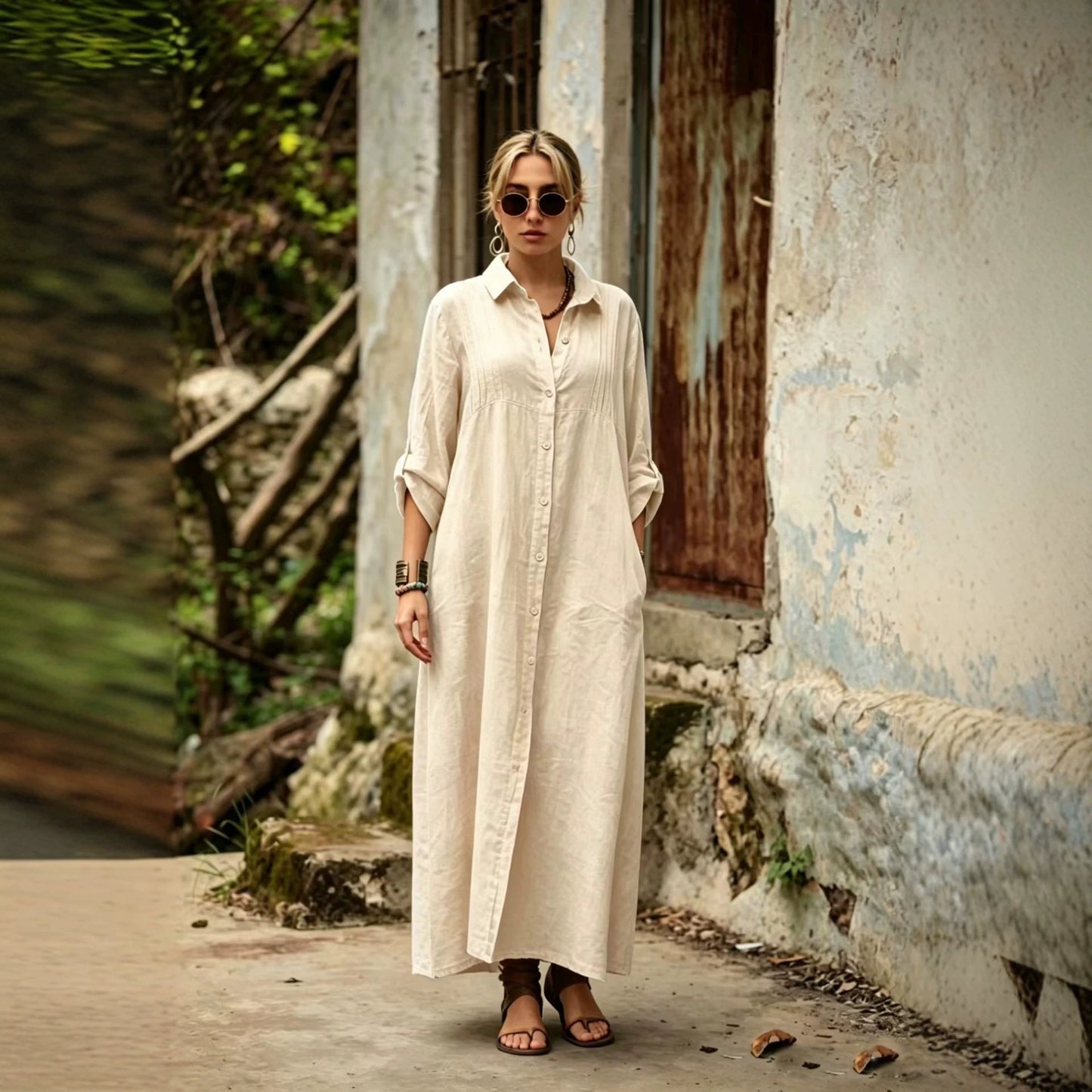 Solid Color Shirt Collar Long Sleeve Temperament Elegant Simple Loose Dress
