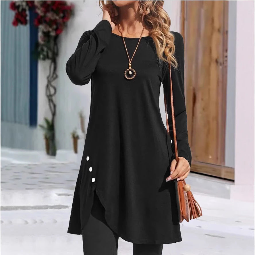 Women's Round Neck Solid Color Long Sleeve Dress
