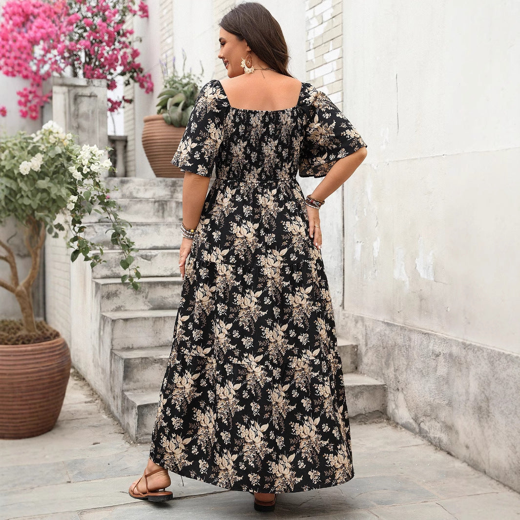Dress Spring Retro Square Collar Printed Dresses
