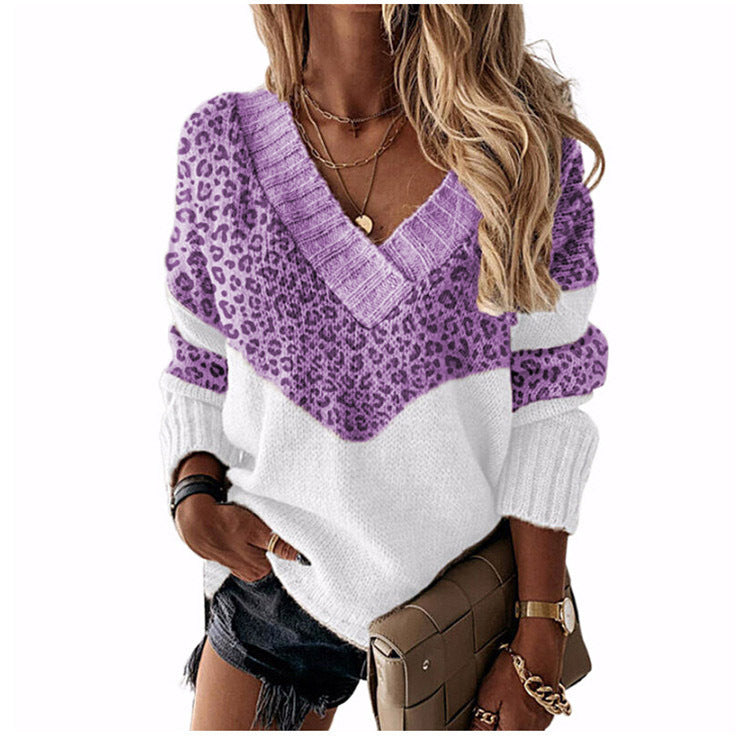 Collar Pullover Color Matching Striped Leopard Tops