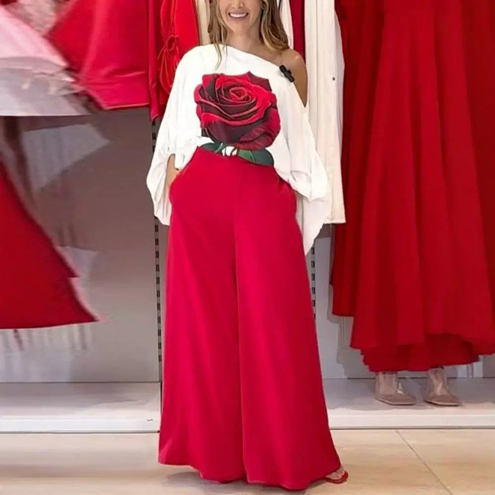 Pattern Lantern Sleeve Loose Off Shoulder Blouses