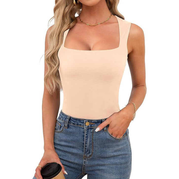 Women's Square Collar Sleeveless Double Layer Basic Blouses