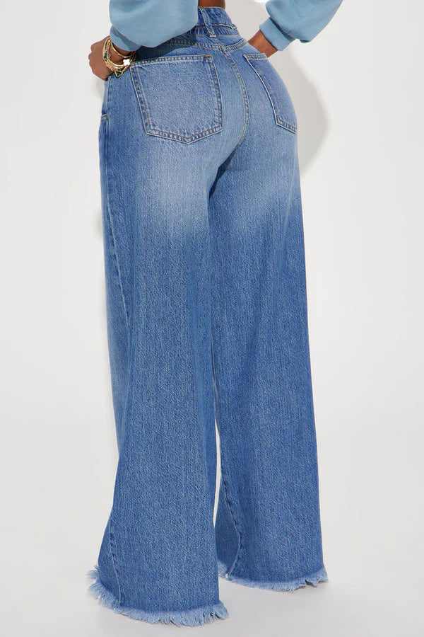 Women's Waist Loose Design High Raw Hem Wide Jeans