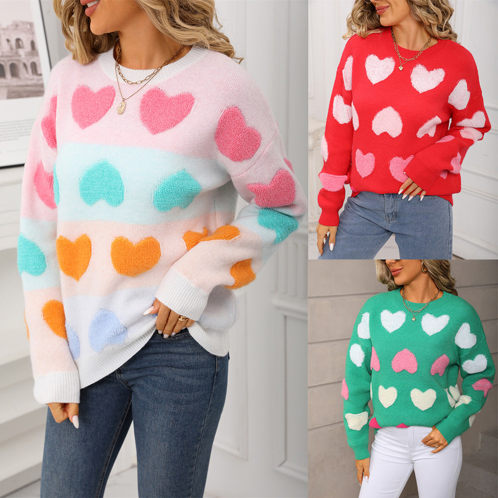 Women's Valentine's Day Round Neck Pullover Peach Sweaters