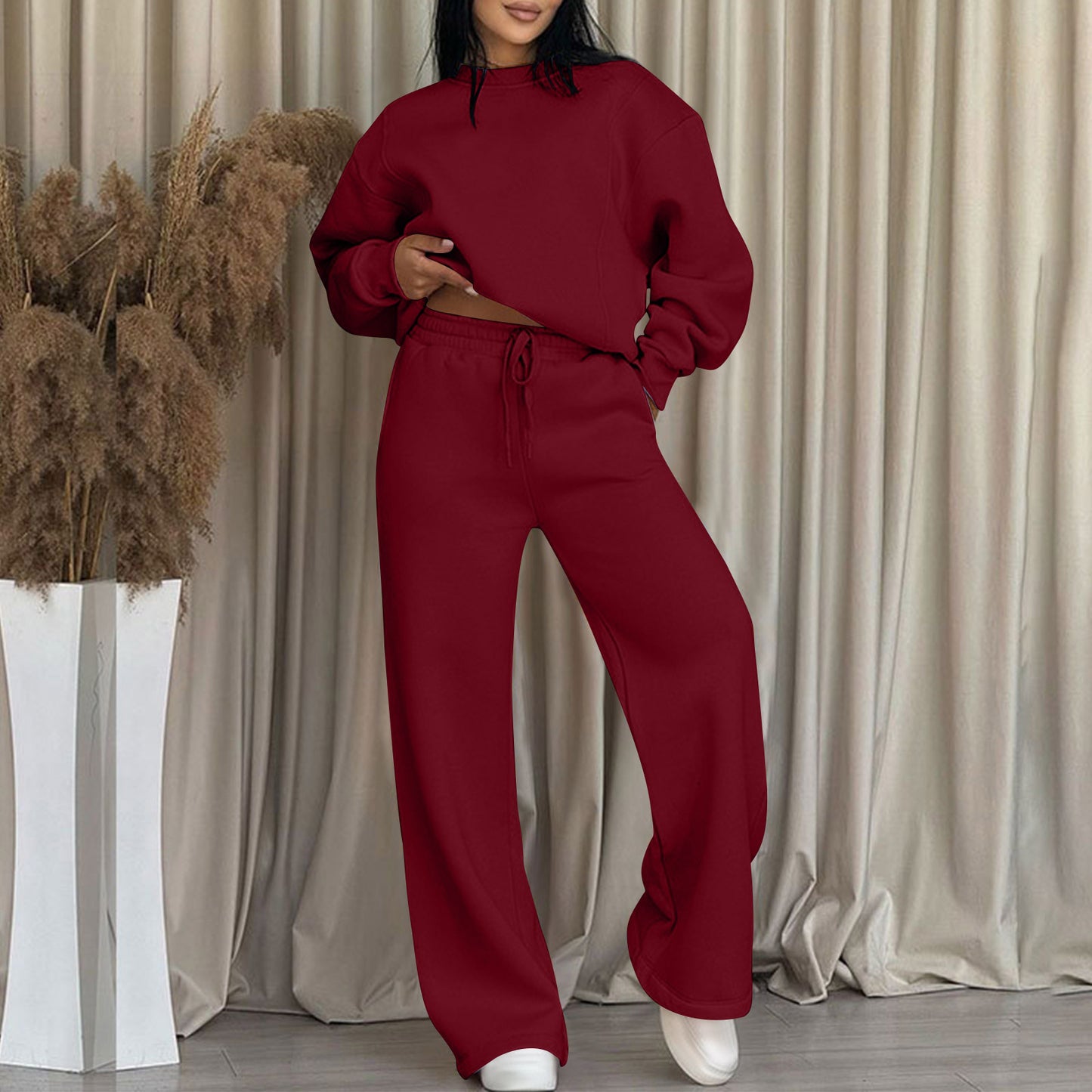 Women's Two-piece Set Long Sleeve Ribbed Patchwork Wide Leg Fashion Casual Suit