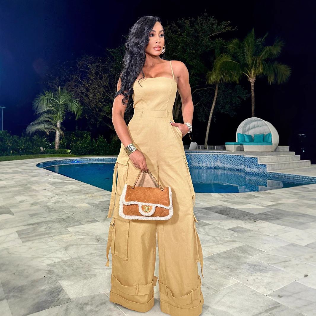 Fashion Casual Solid Color Loose Zip Jumpsuits